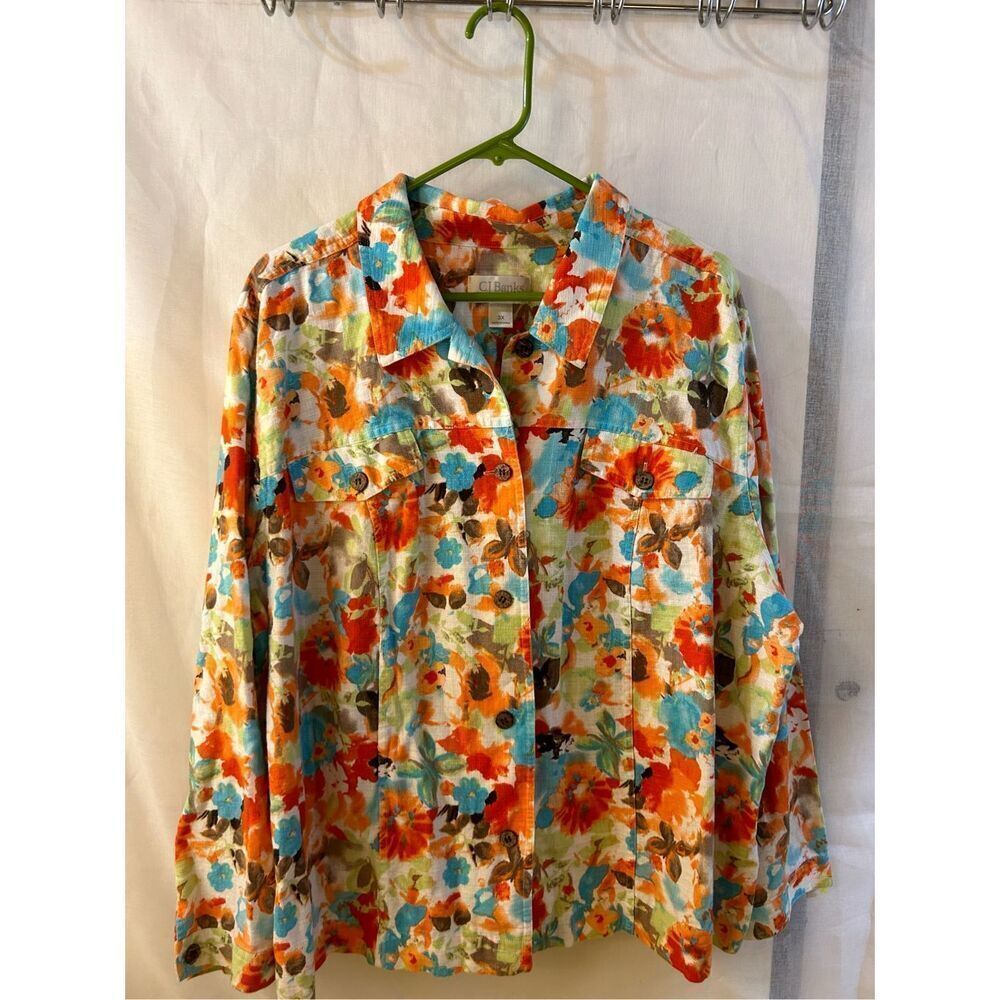 CJ Banks 3x floral button jacket wood buttons‎ linen blend rn#63823